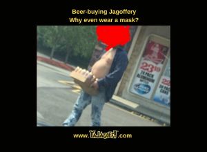 shirtless man with beer gut carrying beer out of the store