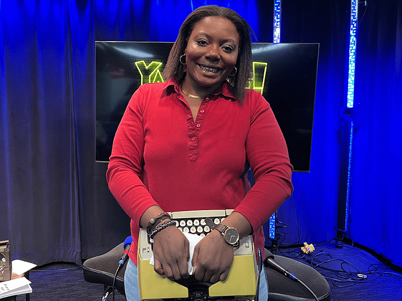 Haley the poet writer with a typwriter